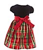 Color:Red - Image 2 - Little Girls 2T-6X Short-Sleeve Stretch Velvet/Plaid Taffeta Fit-And-Flare Dress