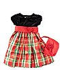 Color:Red - Image 3 - Little Girls 2T-6X Short-Sleeve Stretch Velvet/Plaid Taffeta Fit-And-Flare Dress