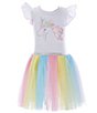 Color:Multi - Image 1 - Little Girls 2T-6X Short-Sleeve Unicorn-Appliqued Knit-To-Mesh Ballerina Dress