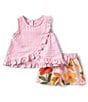 Color:Pink - Image 1 - Little Girls 2T-6X Sleeveless Checked Asymmetrical-Ruffled Top & Floral-Printed Shorts Set