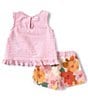 Color:Pink - Image 2 - Little Girls 2T-6X Sleeveless Checked Asymmetrical-Ruffled Top & Floral-Printed Shorts Set