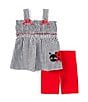 Color:Black - Image 1 - Little Girls 2T-6X Sleeveless Checked Ladybug Applique Seersucker Top & Solid Knit Biker Shorts Set