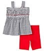 Color:Black - Image 2 - Little Girls 2T-6X Sleeveless Checked Ladybug Applique Seersucker Top & Solid Knit Biker Shorts Set