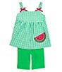 Color:Green - Image 1 - Little Girls 2T-6X Sleeveless Checked Watermelon-Applique Seersucker Tunic Top & Solid Knit Bike Shorts Set