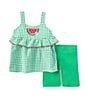 Color:Green - Image 1 - Little Girls 2T-6X Sleeveless Checked Watermelon Appliqued Seersucker Tunic Top & Solid Knit Bike Shorts Set
