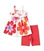 Color:Fuchsia - Image 2 - Little Girls 2T-6X Sleeveless Daisy-Printed Tunic Top & Solid Bike Shorts Set