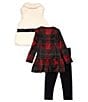 Color:Red - Image 3 - Little Girls 2T-6X Sleeveless Faux-Fur Vest, Long Sleeve Printed Tunic Top & Solid Leggings Set