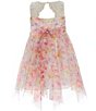 Color:Pink - Image 2 - Little Girls 2T-6X Illusion Floral-Mesh Handkerchief-Hem Dress