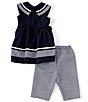 Color:Navy - Image 2 - Little Girls 2T-6X Sleeveless Nautical Sailor-Collar Top & Striped Capri Pant Set