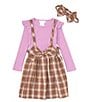 Color:Brown - Image 3 - Little Girls 2T-6X Sleeveless Plaid Jumper Dress & Long Sleeve Solid Tee Set