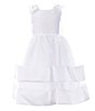 Color:White - Image 1 - Little Girls 2T-6X Bow-Shoulder Shantung Tiered-Hem Fit-And-Flare Tea-Length Dress