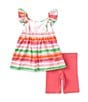 Color:Pink - Image 2 - Little Girls 2T-6X Sleeveless Striped Frog Applique Seersucker Tunic Top & Knit Bike Shorts Set