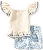 Bonnie Jean Little Girls Smocked Gauze Top & Floral Print Linen Shorts Set, Color:Blue - Image 1