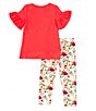 Color:Coral - Image 2 - Little Girls 2T-6X Solid Bell-Sleeve Tie-Hem Top & Floral Printed Legging 2-Piece Set