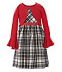 Color:Red - Image 1 - Little Girls 2T-6X Solid Ruffle-Sleeve Cardigan & Plaid Sleeveless Fit-And-Flare Dress Set