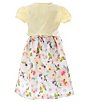 Color:Yellow - Image 3 - Little Girls 2T-6X Solid Short-Sleeve Cardigan & Sleeveless Watercolor-Floral Jacquard Fit-And-Flare Dress