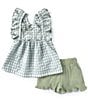 Color:Sage - Image 1 - Little Girls 4-6X Flutter-Sleeve Checked/Embroidered Woven Tunic Top & Solid Gauze Shorts Set