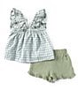 Color:Sage - Image 2 - Little Girls 4-6X Flutter-Sleeve Checked/Embroidered Woven Tunic Top & Solid Gauze Shorts Set
