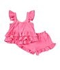 Color:Pink - Image 2 - Little Girls 4-6X Flutter-Sleeve Gauze Top & Matching Shorts Set