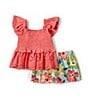 Color:Coral - Image 1 - Little Girls 4-6X Flutter-Sleeve Smocked Knit Top & Floral-Printed Linen-Look Shorts Set