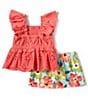 Color:Coral - Image 2 - Little Girls 4-6X Flutter-Sleeve Smocked Knit Top & Floral-Printed Linen-Look Shorts Set