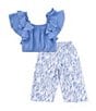 Color:Blue - Image 1 - Little Girls 4-6X Flutter Sleeve Textured Woven Top & Printed Textured Woven Pant Set