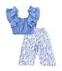 Color:Blue - Image 2 - Little Girls 4-6X Flutter Sleeve Textured Woven Top & Printed Textured Woven Pant Set