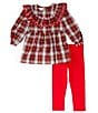 Color:Red - Image 1 - Little Girls 4-6X Long Sleeve Ruffle Collar Woven Tunic Top & Solid Knit Leggings Set