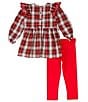 Color:Red - Image 2 - Little Girls 4-6X Long Sleeve Ruffle Collar Woven Tunic Top & Solid Knit Leggings Set