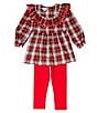 Color:Red - Image 3 - Little Girls 4-6X Long Sleeve Ruffle Collar Woven Tunic Top & Solid Knit Leggings Set