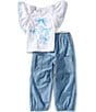 Bonnie Jean Little Girls Layered-Flutter-Sleeve Various-Bow-Screenprinted Top & Solid Parachute Cargo Pant Set - Image 1