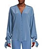 Color:Blue - Image 3 - BOSS by Hugo Boss Biscarfa Silk Removeable Bow Tie Collar V Neckline Long Sleeve Blouse