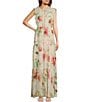 Color:Shell Pink Distorted Flowers - Image 1 - BOSS by Hugo Boss Dacrina Floral Print Drawstring Tie Round Neck Cap Sleeve A-Line Maxi Dress