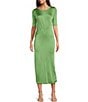 Color:Open Green - Image 1 - BOSS by Hugo Boss Etalicy Knit Crew Neck Short Sleeve Asymmetrical Ruched Sheath Midi Dress