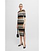 Color:Iconic Honey - Image 5 - BOSS by Hugo Boss Etanah Textured Knit Stripe Print Short Sleeve Side Slit Midi Sheath Dress