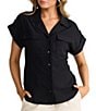 Brave + True Cotton Blend Short Cuffed Sleeve Collared Button Front Top, Color:Black - Image 1