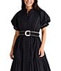 Brave + True Short Puff Sleeve Amour Contrast Piping Button Front Belted Maxi Dress, Color:Black - Image 3