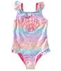 Breaking Waves Little Girls Foiled Ombre/Sequined-Shell-Applique One-Piece Swimsuit - Image 1