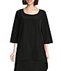 Color:Black - Image 1 - Amis Memory Crunch Woven Round Neck 3/4 Sleeve High-Low Hem Tunic