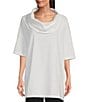 Color:White - Image 1 - Enola Cotton Jersey Cowl Neck Elbow Sleeve High-Low Hem Tunic