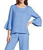 Bryn Walker Fran Light Linen Round Neck 3/4 Ruffle Sleeve Shirt - Image 1