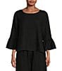 Color:Black - Image 1 - Fran Light Linen Round Neck Ruffle 3/4 Bell Sleeve High-Low Coordinating Shirt
