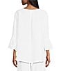 Color:White - Image 2 - Fran Light Linen Round Neck Ruffle 3/4 Bell Sleeve High-Low Coordinating Shirt