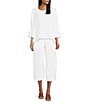 Color:White - Image 3 - Fran Light Linen Round Neck Ruffle 3/4 Bell Sleeve High-Low Coordinating Shirt