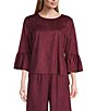 Color:Porto - Image 1 - Fran Stretch Faux Suede Round Neck Ruffle 3/4 Bell Sleeve High-Low Top