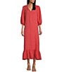 Color:Genoa - Image 1 - Lana Cross-Dyed Linen V-Neck 3/4 Puff Sleeve Ruffle Hem Shift Maxi Dress