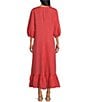 Color:Genoa - Image 2 - Lana Cross-Dyed Linen V-Neck 3/4 Puff Sleeve Ruffle Hem Shift Maxi Dress