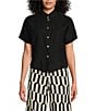 Color:Black - Image 1 - Light Linen Mandarin Collar Short Sleeve Button-Front Shirt