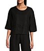 Bryn Walker Light Linen Round Neck 3/4 Sleeve Pintuck Detail Shirt, Color:Black - Image 1