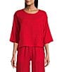 Bryn Walker Light Linen Round Neck 3/4 Sleeve Pintuck Detail Shirt, Color:Kirsch - Image 1